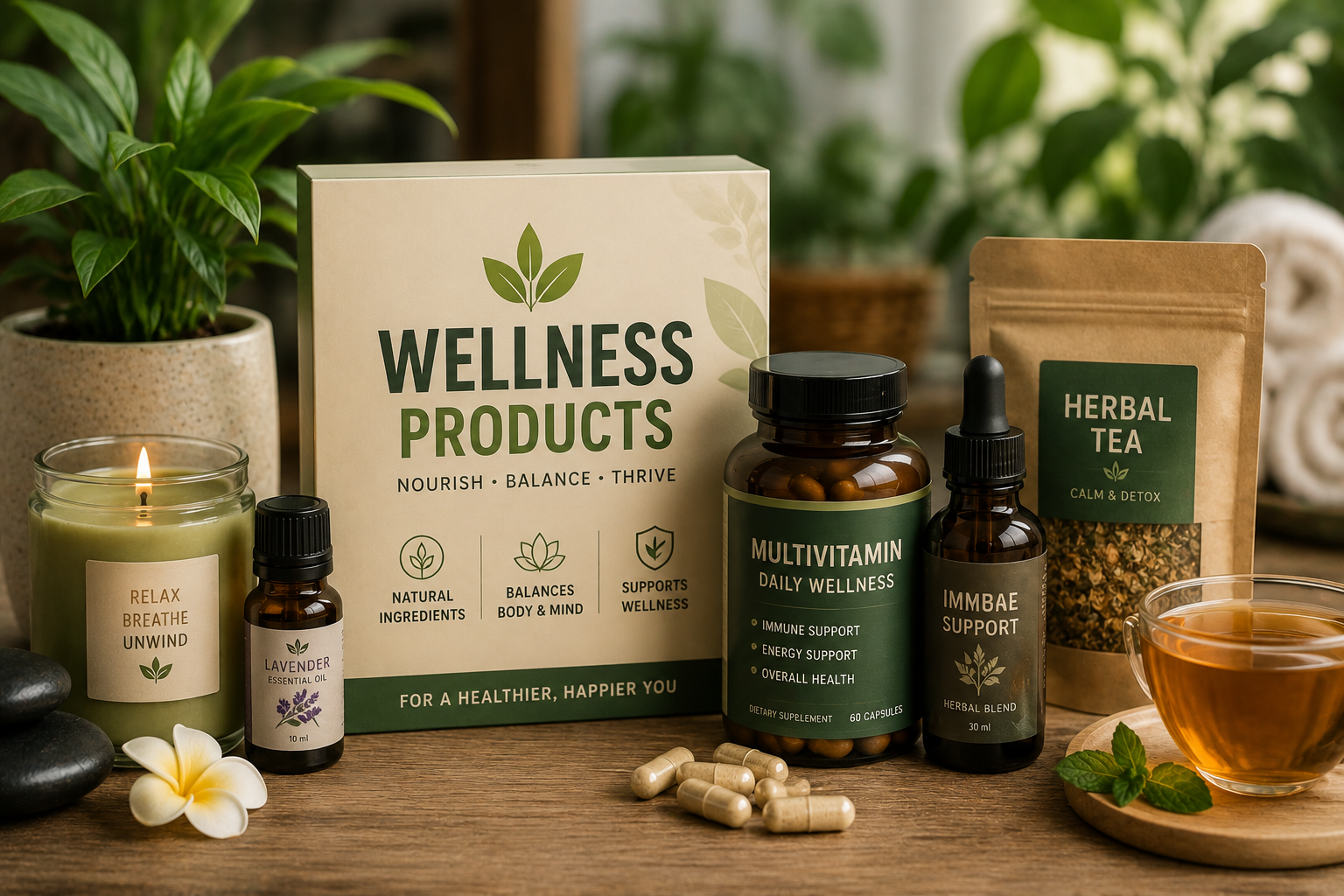Wellness supplement capsules on marble surface